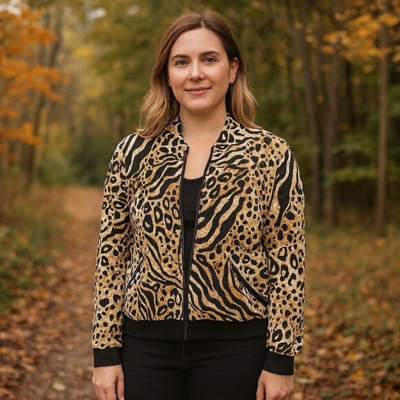 Chico's Zenergy Jacket Womens Size 2 (Large) Full-Zip Safari Print Windbreaker - Picture 1 of 7